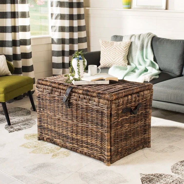 Michael 35" Chestnut Brown Wicker Storage Trunk with Leather Strap