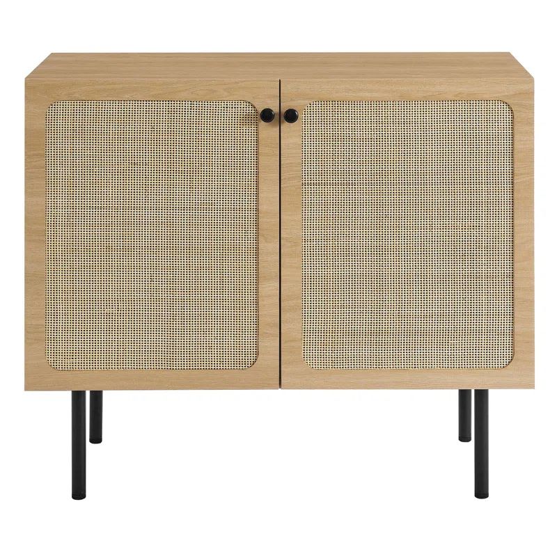 Oak and Black Rattan Office Accent Cabinet with Adjustable Feet