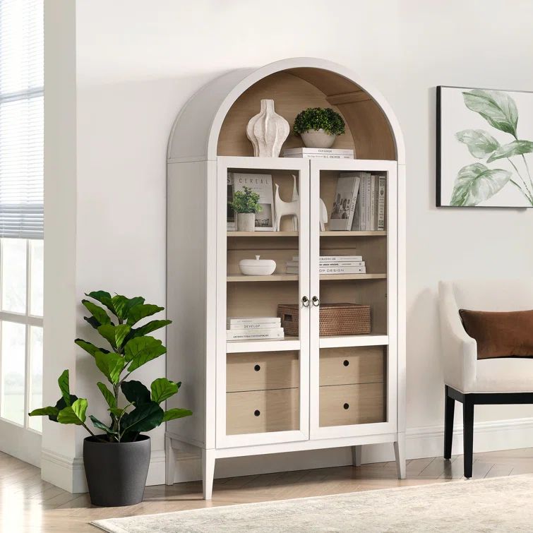 Ivory Oak Tall Arched Storage Display Cabinet with Glass Doors