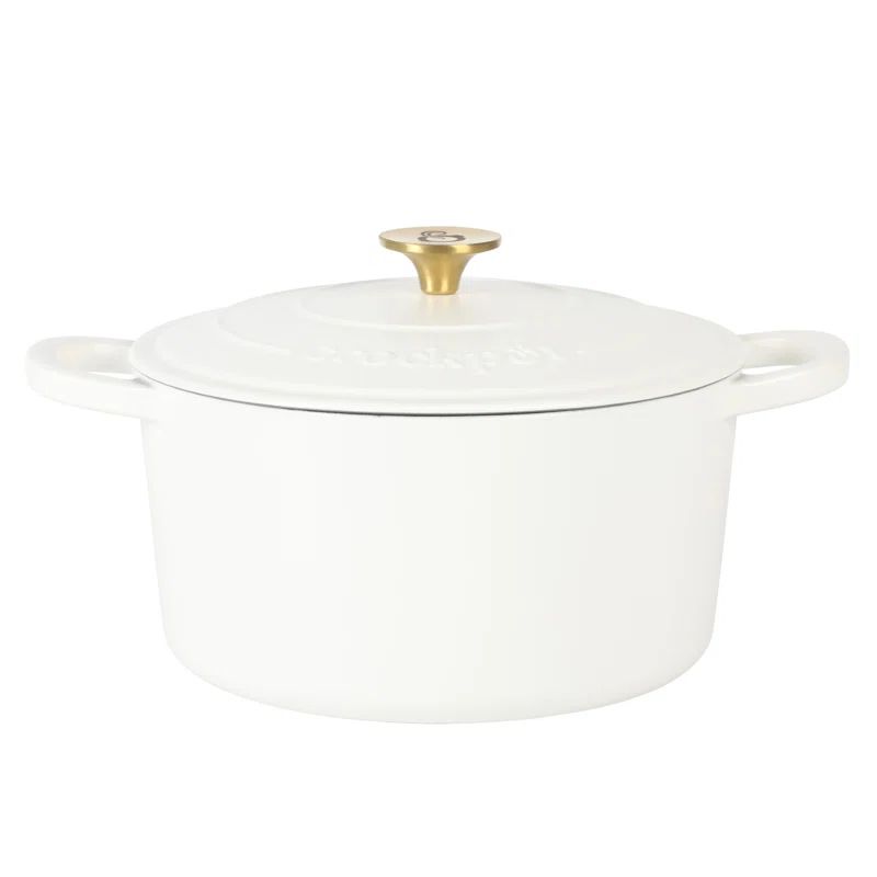 Matte Linen White Enameled Cast Iron 6-Quart Dutch Oven with Gold Knob