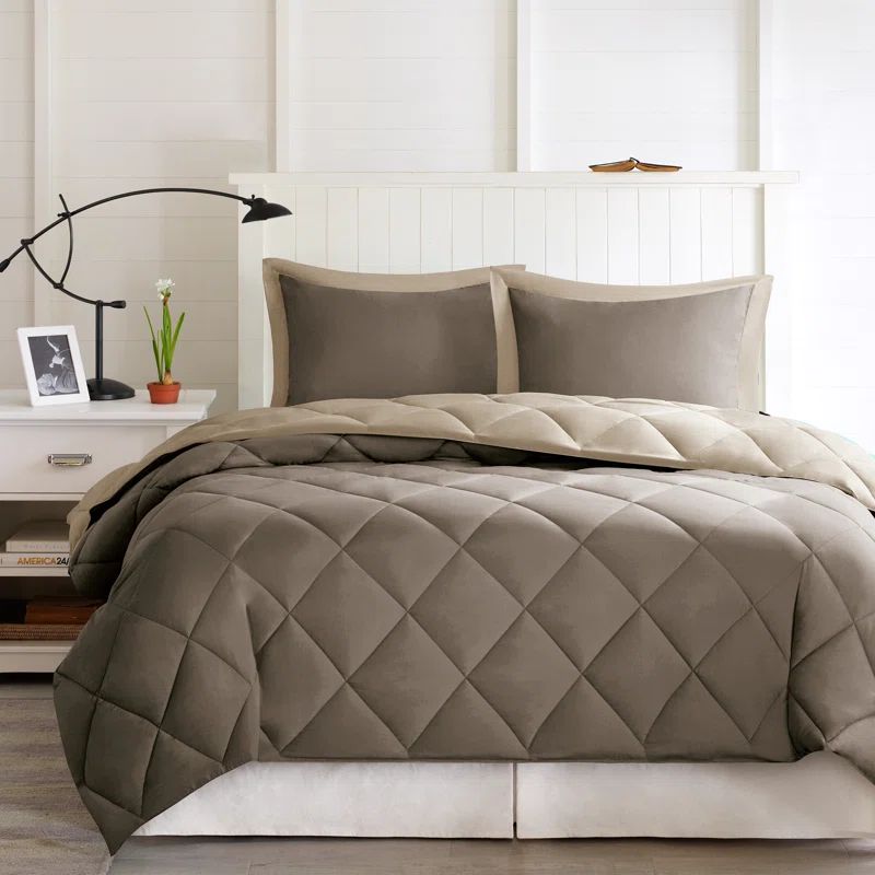 Full Brown and Sand Reversible Microfiber Down Alternative Comforter Set
