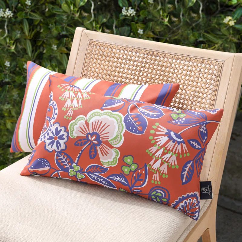 Floral Printed Off White and Blue Outdoor Throw Pillow Set