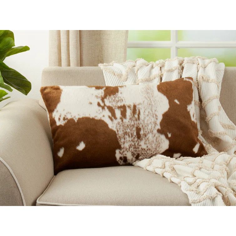 Brown and White Faux Fur Cowhide 14" x 22" Throw Pillow