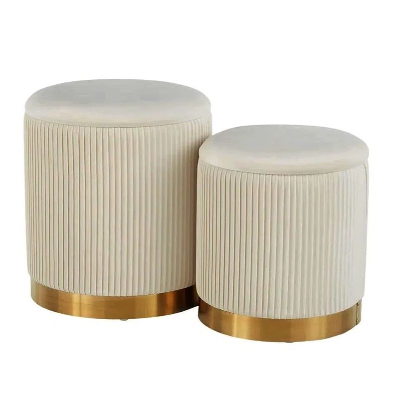 Cream Velvet Round Storage Ottomans with Gold Base, Set of 2