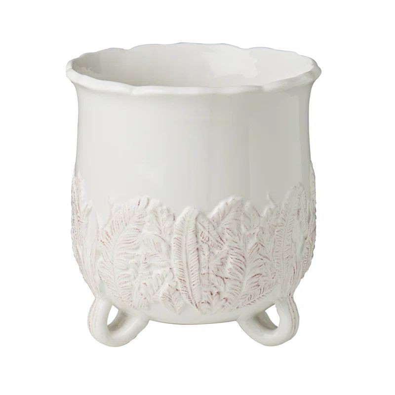 White Ceramic Cachepot with Leaf Design