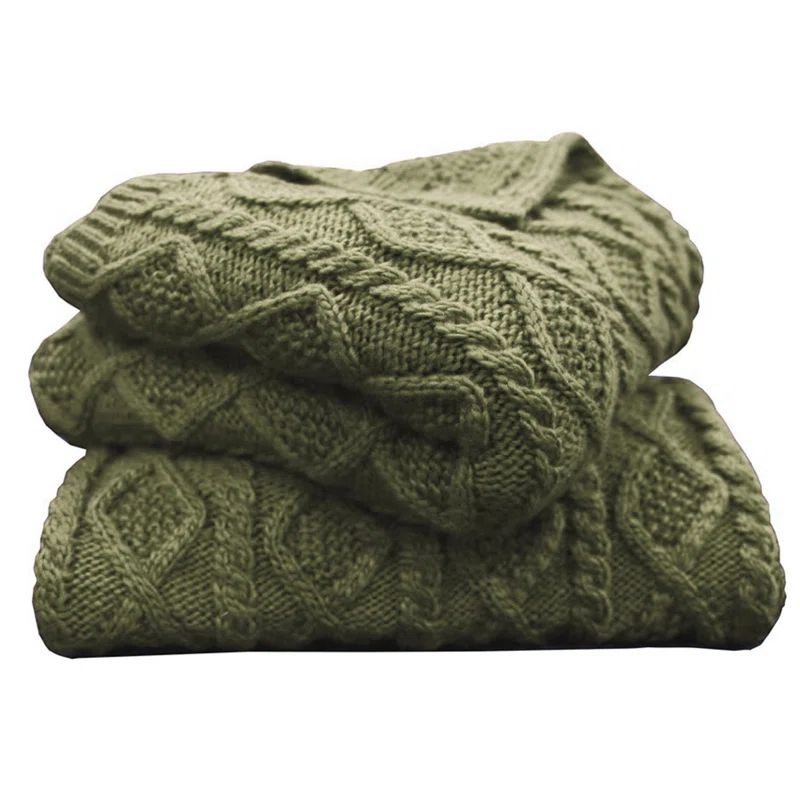 Sage Green Wool Blend Cable Knit Throw Blanket