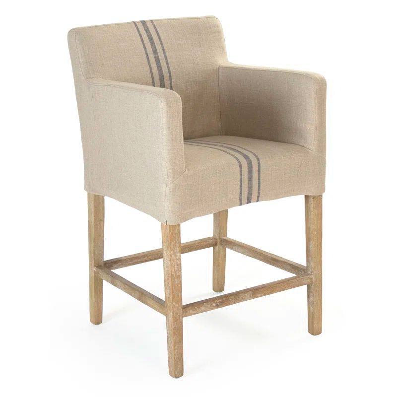 Khaki and Blue Stripe Upholstered Counter Stool with Wood Frame