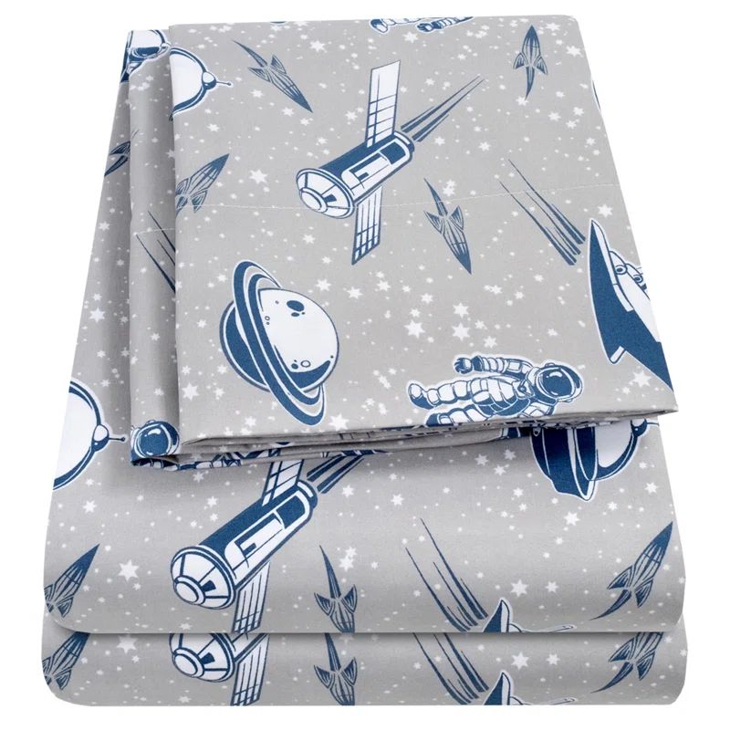 Twin Blue and Gray Spaceship Print Microfiber Sheet Set