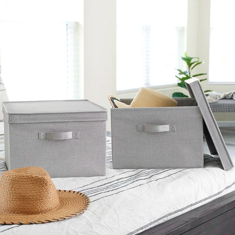 Silver Fabric Collapsible Stackable Storage Box Set with Lids