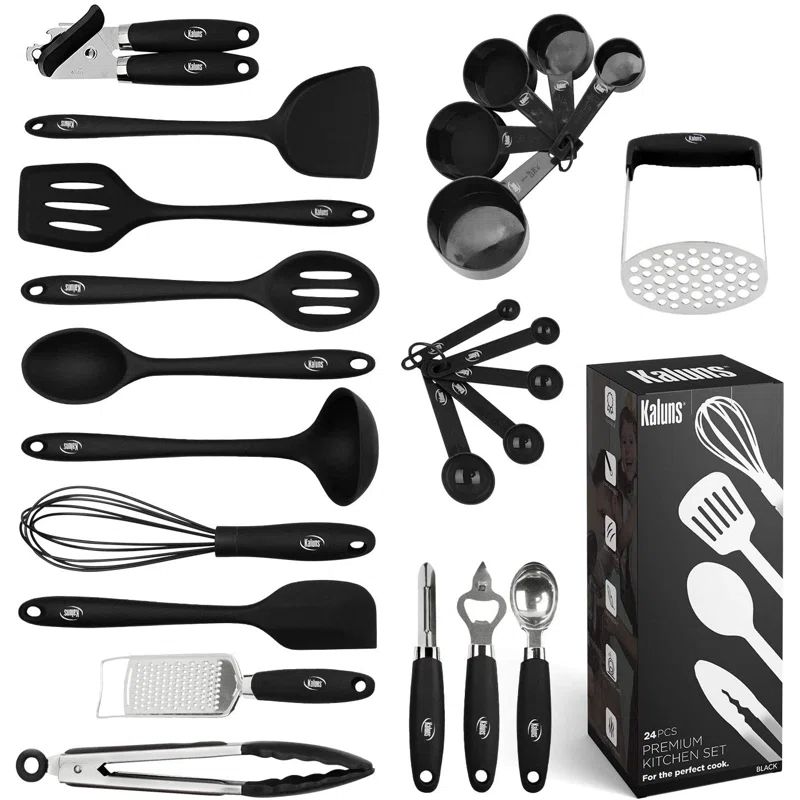 24-Piece Black Silicone and Stainless Steel Cooking Utensil Set