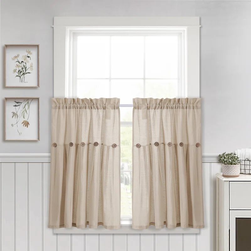 Dark Linen Cotton Blend Kitchen Tier Curtains with Rustic Buttons