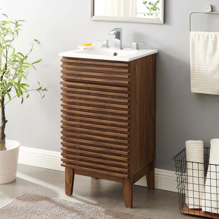 Walnut and White Mid-Century Modern Bathroom Vanity with Ceramic Sink