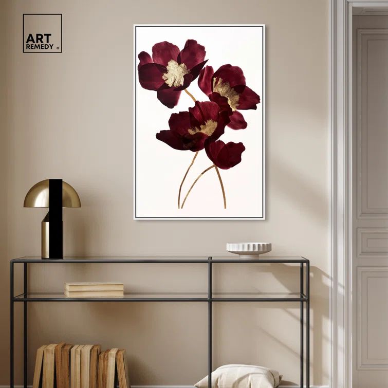Wine Flowers Framed Canvas Wall Art in White Floater Frame