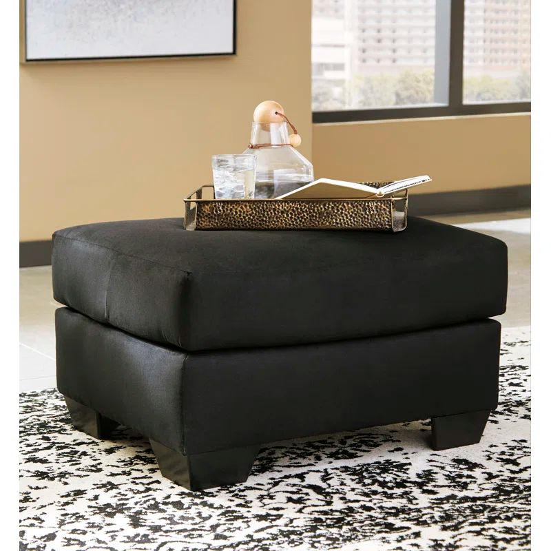 Black Microfiber Contemporary Ottoman with Faux Wood Feet