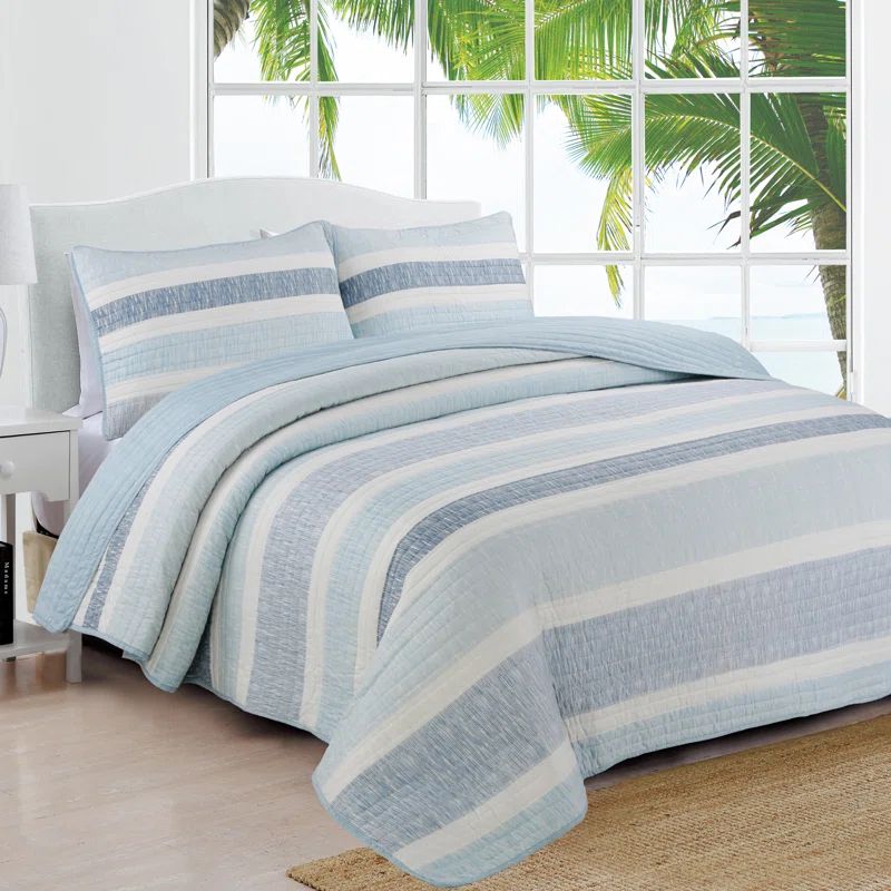 Blue and White Reversible Microfiber Twin Quilt Set