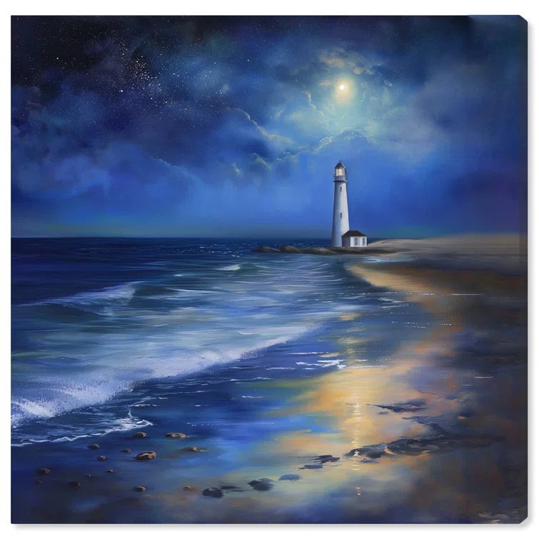 Lighthouse at Night Coastal Blue and Gold Canvas Wall Art, 30" x 30"