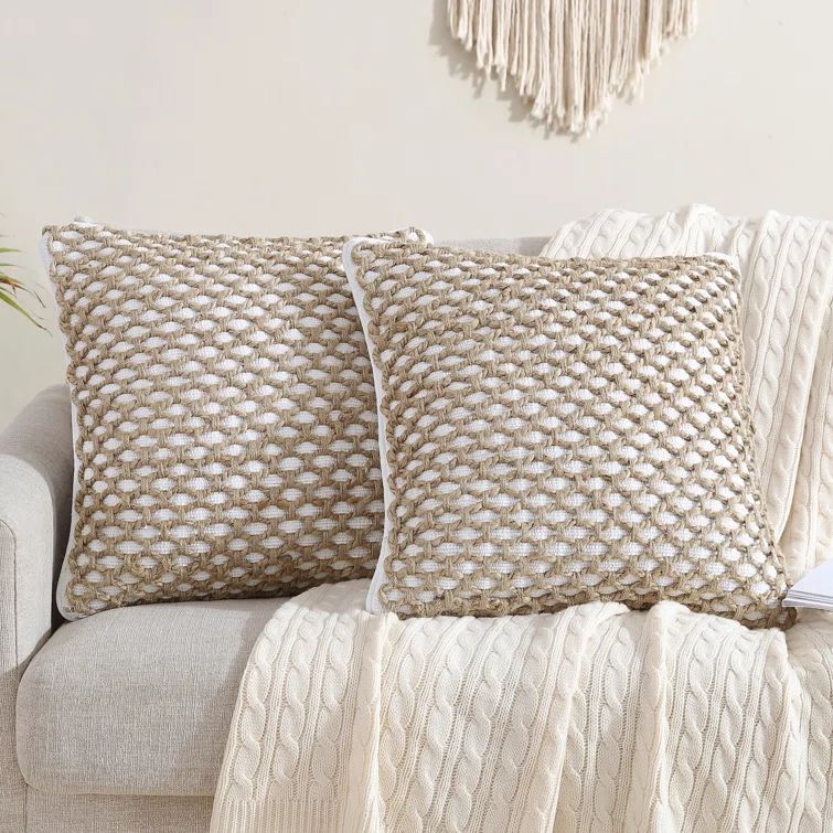 Jada 18" Beige and White Cotton Jute Throw Pillows, Set of 2