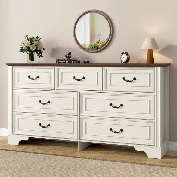 White Farmhouse 59" Wooden Dresser with Extra Deep Drawers