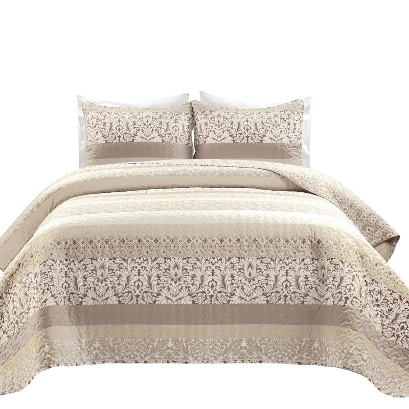 Neutral Reversible Cotton Full Quilt Set with Pillow Shams
