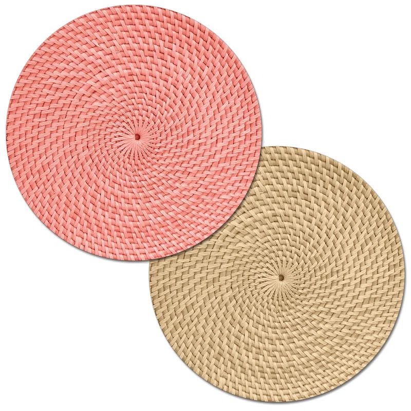 Coral and Natural Round Reversible Plastic Placemats Set of 4