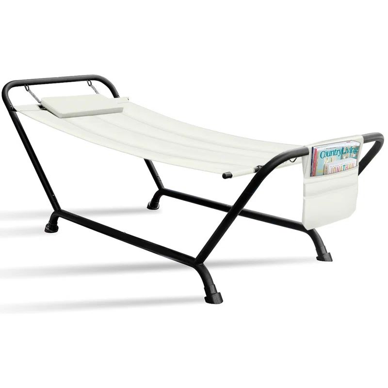 Beige Single-Person Hammock Bed with Stand and Pillow
