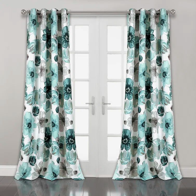 Blue Floral Polyester Room Darkening Window Curtain Panels, 52"W x 84"L