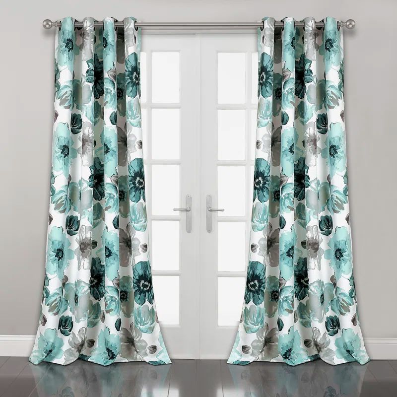 Blue Floral Polyester Room Darkening Window Curtain Panels, 52"W x 84"L