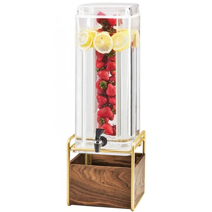 Mid-Century 3 Gallon Clear Plastic Beverage Dispenser with Walnut Base and Brass Frame