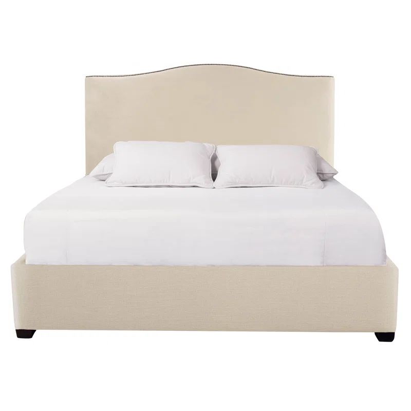 Queen Beige Velvet Upholstered Bed with Nailhead Trim