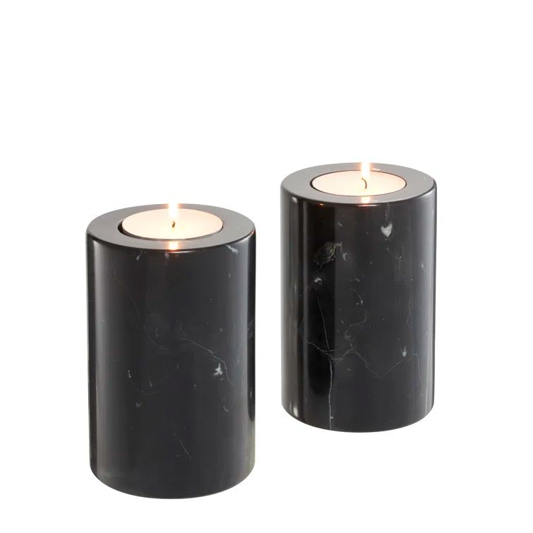 Black Marble Cylindrical Tealight Holders Set of 2