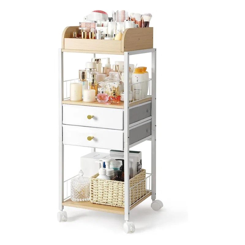 White and Wood Floor Makeup Organizer with Drawers