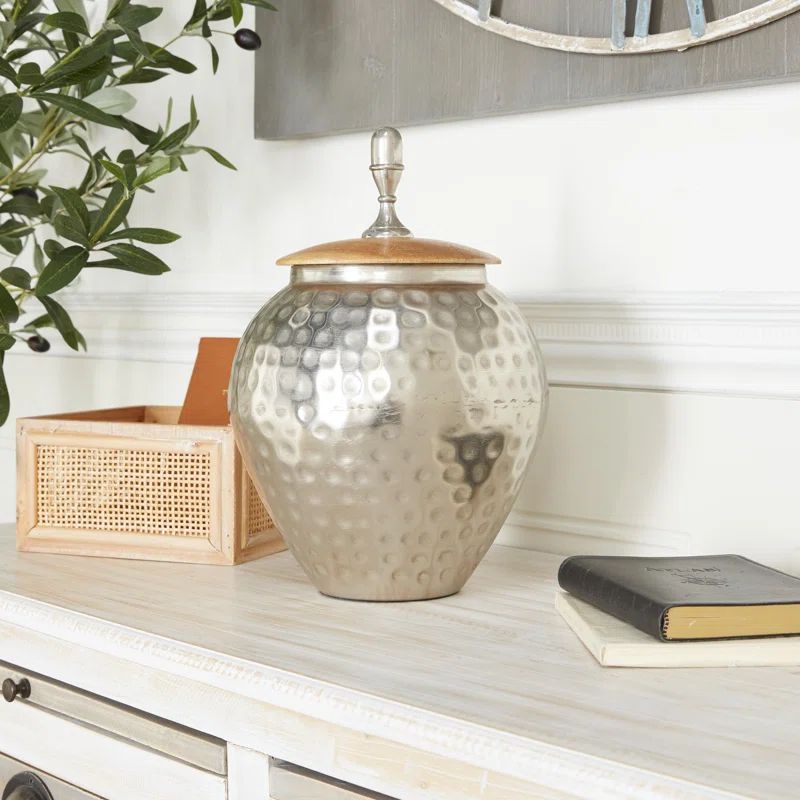 Tarnished Silver and Wood Abstract Decorative Jar 8" x 12"
