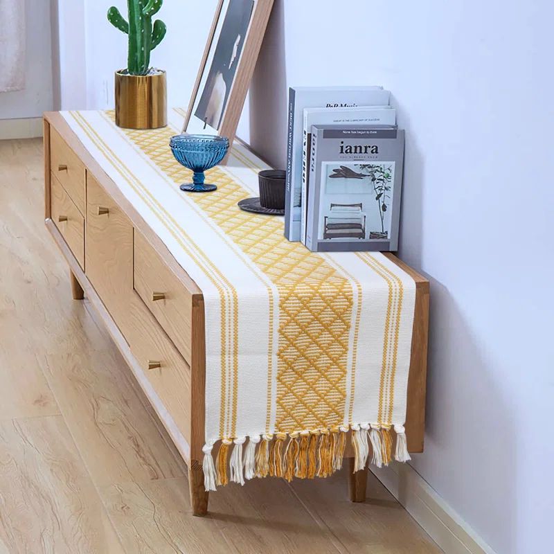 Mustard Yellow and Cream Cotton Boho Table Runner with Tassels