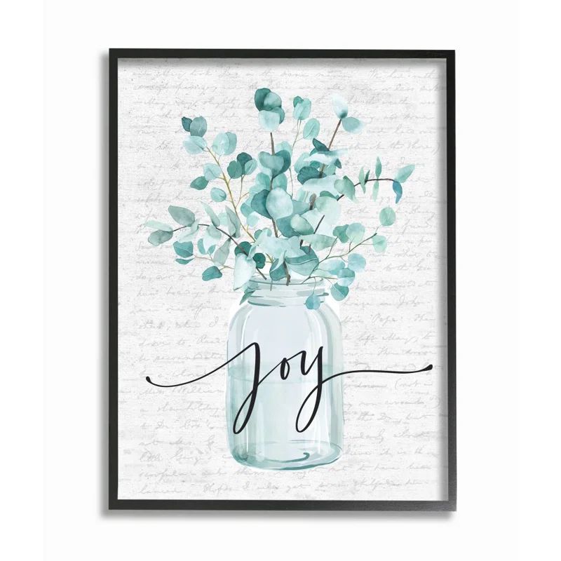 Aqua Blue Plant Leaves in Jar Textured Wall Art with Black Frame
