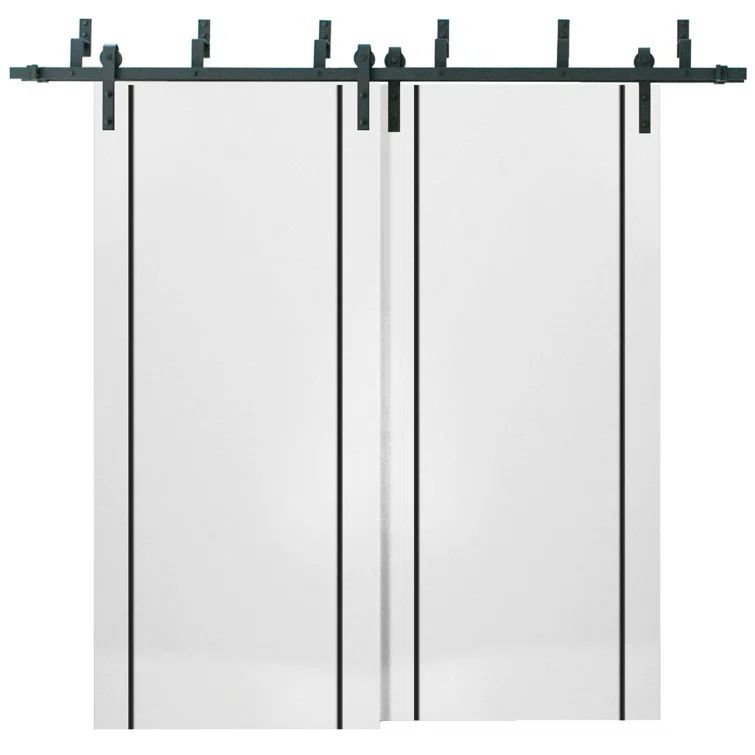 White Silk Solid Wood Sliding Barn Door with Frosted Glass Panels