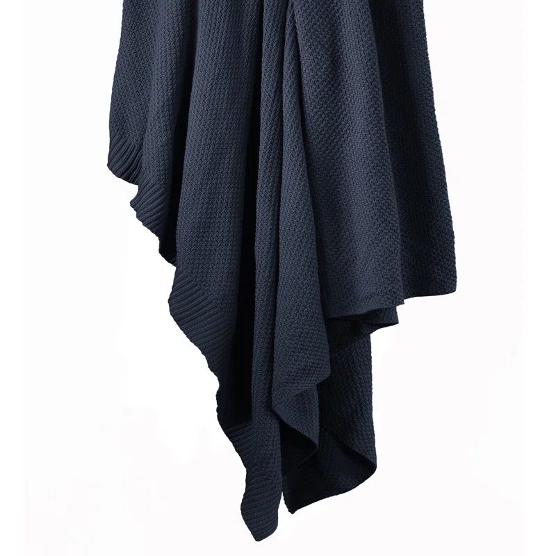 Luxurious Navy Cotton Knit Throw Blanket, 50x60 inch, Cozy Farmhouse Style