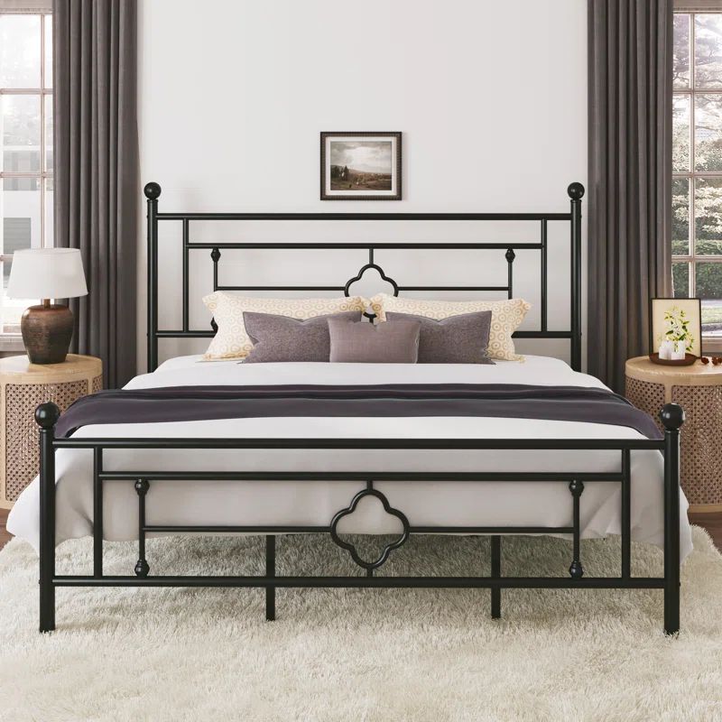 King Size Black Metal Platform Bed with Vintage Headboard