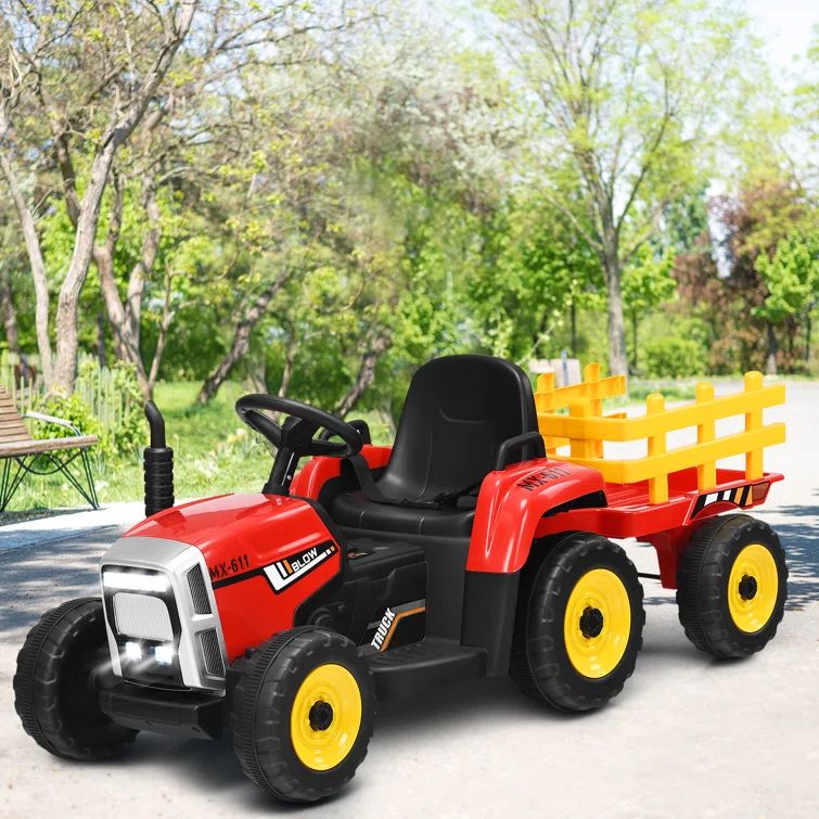 Red 12V Kids Ride-On Tractor with Trailer and Remote Control