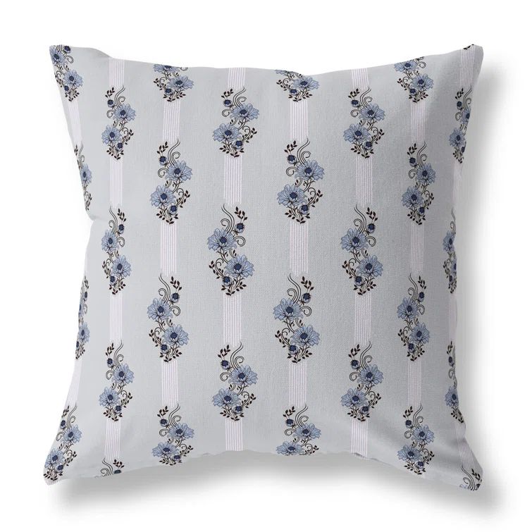 Blue and Black Floral Square Polyester Indoor/Outdoor Pillow