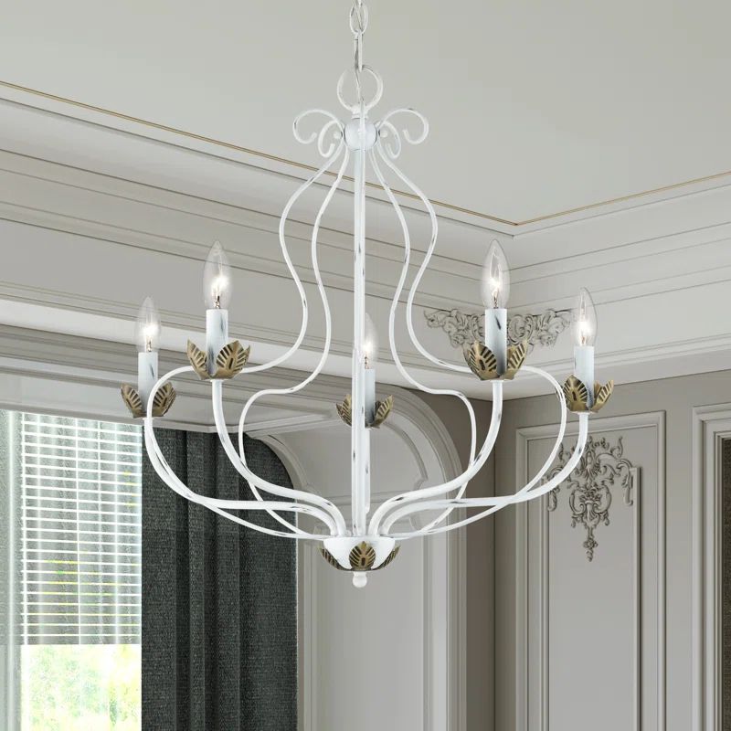 Antique White and Brass 5-Light Floral Chandelier
