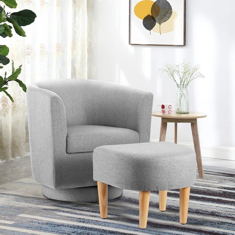 Gray Linen Swivel Barrel Chair with Ottoman and Wood Legs