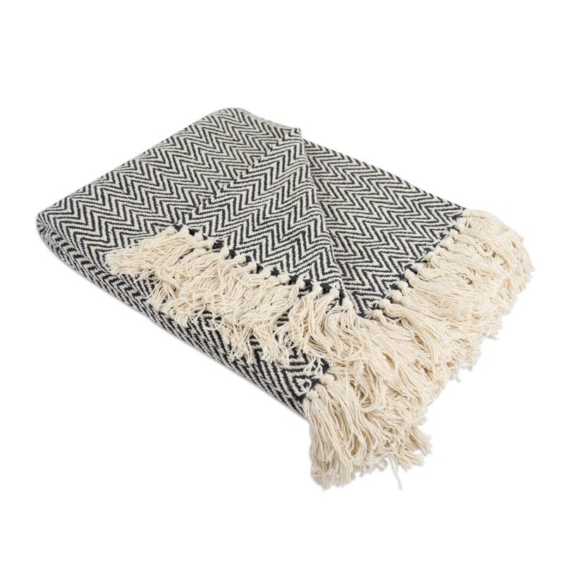 Black and Beige Cotton Chevron Throw Blanket with Fringe