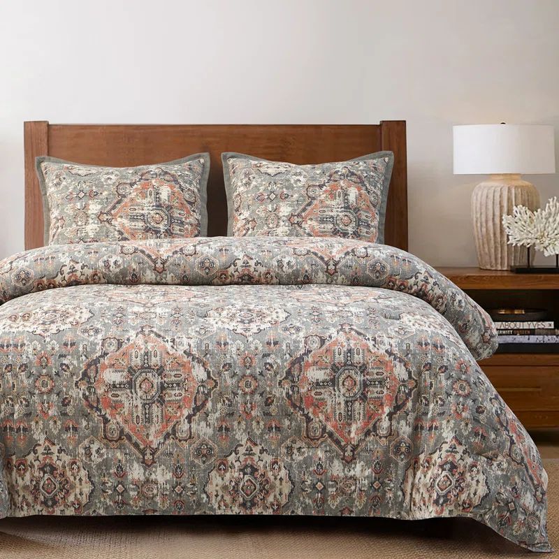 King Gray Cotton Medallion Comforter Set with Shams