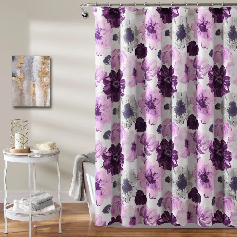 Leah Floral Purple and Gray Polyester Shower Curtain 72" x 72"