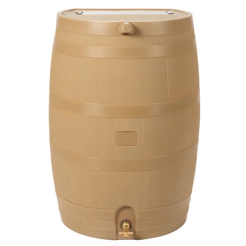 Tan Oak Polyethylene Rain Barrel with Brass Spigot, 50 Gallon