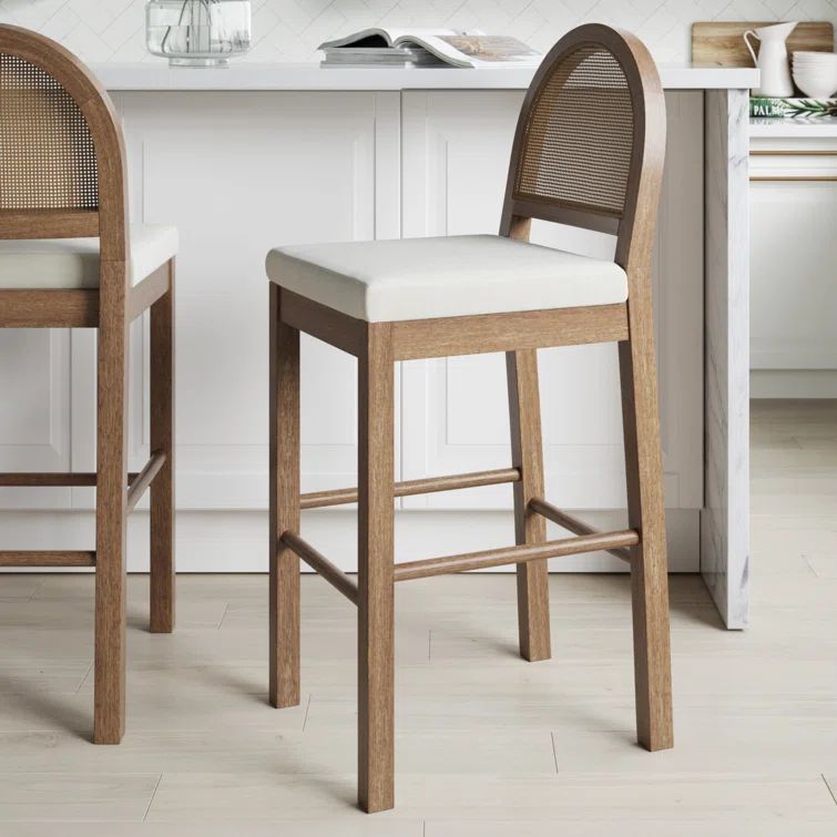 Bailey Cream Boucle and Rattan Back Bar Stool with Solid Wood Legs