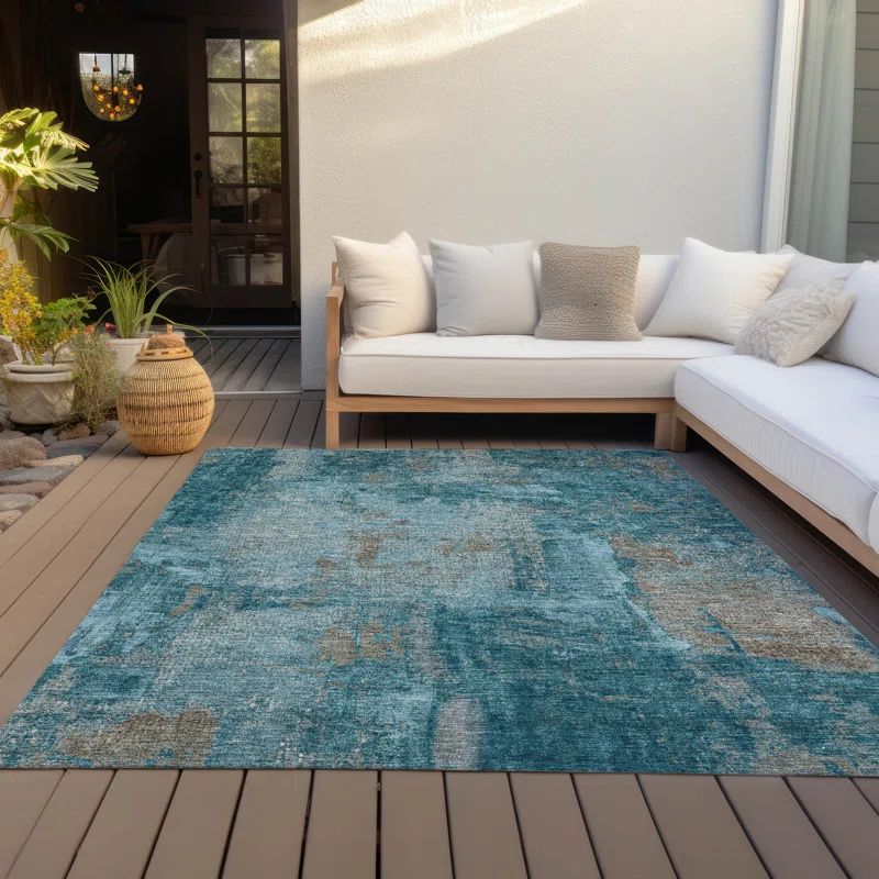 Teal Abstract Washable Synthetic 5' x 7' Area Rug
