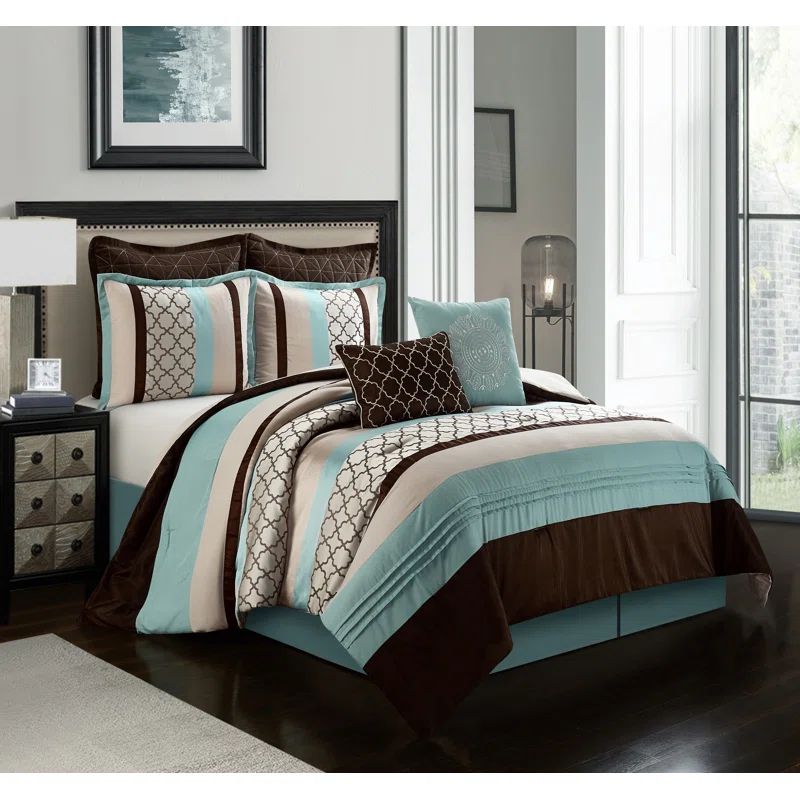 Aqua and Brown King Microfiber 8-Piece Comforter Set