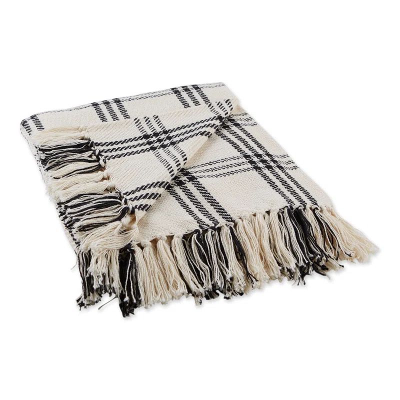 White and Black Cotton Fringe Plaid Throw Blanket