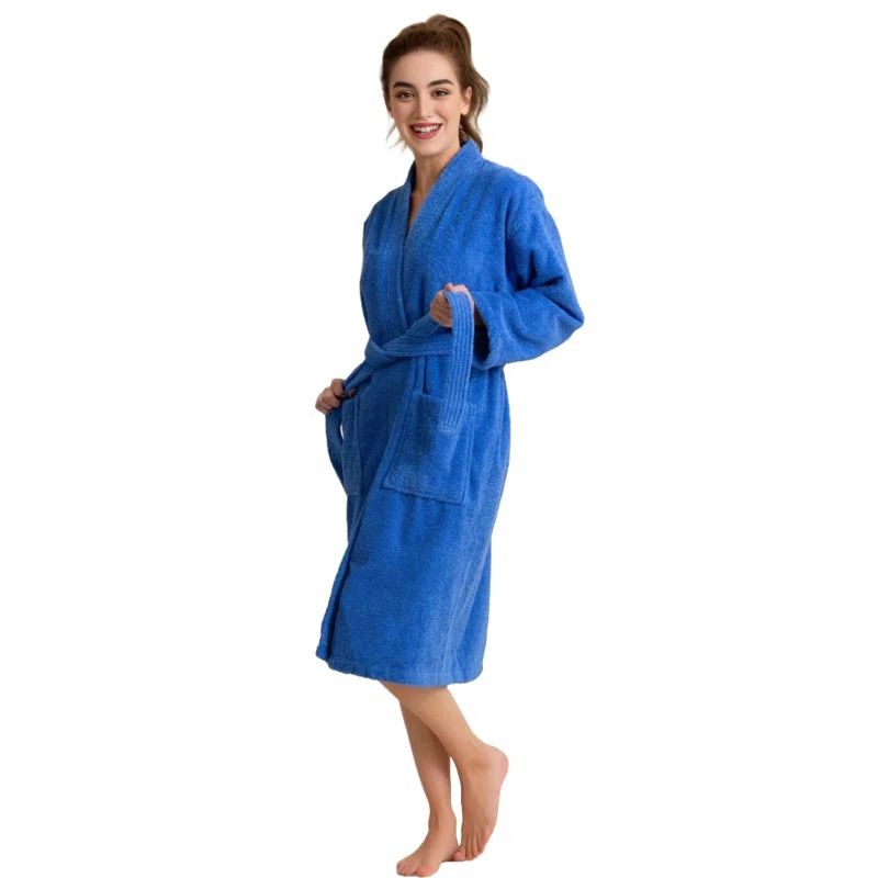 Blue Cotton Terry Cloth Mid-Calf Bathrobe with Pockets